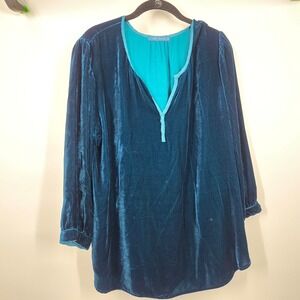 Cut Loose SZ XL Blue Jewel Tone Split Neck Velvet Silk Blend Made USA Blouse Top